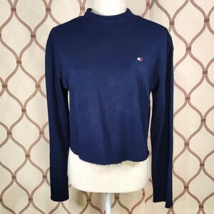 Tommy Hilfiger Cropped Sweatshirt Raw Edge Size Small Navy Blue Upcycled